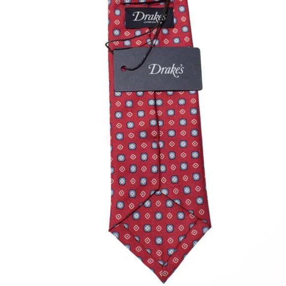 Drake's NWT Neck Tie in Red with Light Blue & White Geometric Pattern 100% Silk